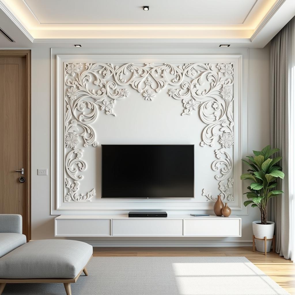 Mẫu vách ngăn CNC vách tivi họa tiết hoa lá tự nhiên đẹp tinh tế